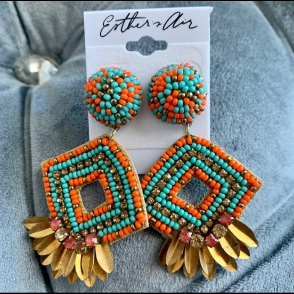 Orange Gold Coral Turquoise Spring Colorful Seed Bead Dangle Statement Earrings